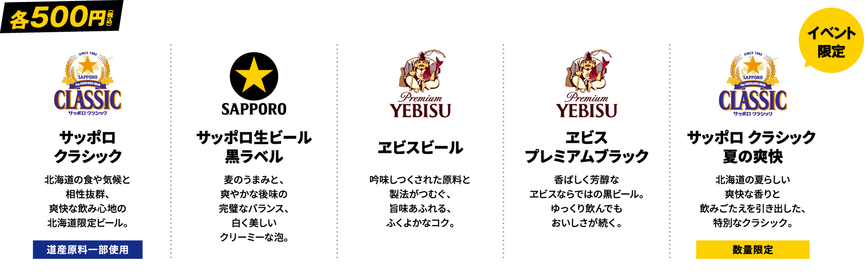 各500円（税込） サッポロ クラシック, サッポロ生ビール 黒ラベル, ヱビスビール, ヱビス プレミアムブラック, サッポロ クラシック 夏の爽快
