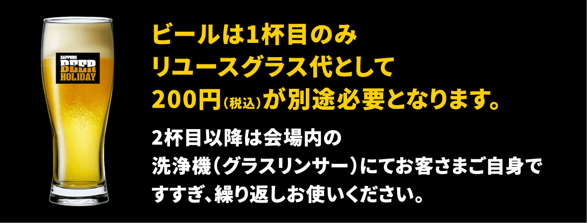 ビールは1杯目のみリユースグラス代として200円（税込）が別途必要となります。2杯目以降は会場内の洗浄機（グラスリンサー）にてお客さまご自身ですすぎ、繰り返しお使いください。