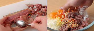 にんじんは皮をむいてみじん切りにし、玉ねぎもみじん切りにする。さばは、あれば骨を取り除き、スプーンで身をほぐしながらかき取り、包丁でかるくたたいて細かくする。ボウルにさば、にんじん、玉ねぎとＡを入れて混ぜ合わせ、さば団子のたねを作る。