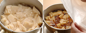 鍋にだし汁を入れて強火にかけ、煮立ったらたけのこを加えて、柔らかくなるまで煮る。たけのこが柔らかくなったら、Aを入れ、オーブン用シートなどをのせて落としぶたをして、中火で10分ほど煮る。