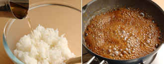 温かいご飯はボウルに入れ、すし酢を加えて、しゃもじで全体をきるように混ぜて水分を少しとばす。かたく絞った濡れ布巾をかぶせておく。たれを作る。フライパンにAを入れて混ぜ、中火にかける。砂糖が溶けて、全体が泡だってとろりとしたら火をとめる。
