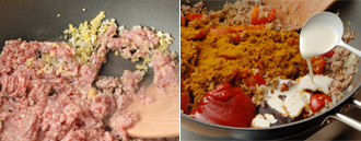 フライパンににんにく、しょうがを入れ、ひき肉を加えてほぐしながら炒める。肉がポロポロにほぐれたら玉ねぎを加えて炒め、さらにパプリカを加えて脂がなじむまで炒める。カレー粉、ソース、ケチャップ、生クリームを加え、全体がなじむまでよく炒め合わせる。