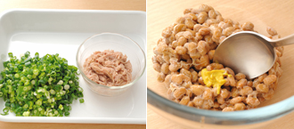 具の準備をする。ツナは汁気をきっておく。納豆はボウルに入れ、添付の辛子とたれを加えて混ぜておく。万能ねぎは小口切りにする。
