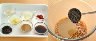 ボウルに、にんにく、しょうが、Ａを入れてよく混ぜ合わせてたれを作る。白髪ねぎの水気をしっかりきり、きゅうりと一緒に皿に敷く。ゆでた豚肉をのせ、たれをかける。