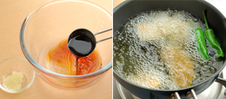 Ａを混ぜ合わせる。揚げ油を中温に熱し、しし唐辛子、かぼちゃの水気を拭いて素揚げする。火が通ったら取り出して油をきる。