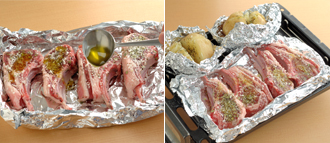 ラムチョップをアルミホイルにのせてグリルの焼き網にのせ、パン粉、オリーブオイルをかける。レンジ加熱をしたじゃがいもも１個ずつアルミホイルにのせ、十字に切り込みを入れてバター小さじ１ずつのせる。ラムチョップの脇にのせ、グリルに入れる。5分焼いたところでじゃがいもにアルミホイルをかぶせ、さらに10分焼く。皿に盛ってクレソンを添え、粒マスタードをつけて食べる。