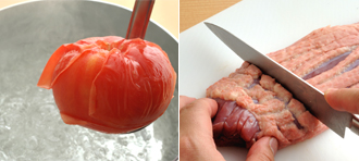 トマトはへたを取って熱湯にくぐらせ、皮がむけてきたら冷水にとり、皮をむく。鴨肉は皮目に幅5ミリの格子状の切り込みを入れる。ゆで卵を作る。卵を鍋に入れ、たっぷりの水を入れて火にかける。沸騰したら中火にし、6～7分ゆでて水にとり、殻をむく。大根は皮をむき、厚さ1センチくらいに切る。