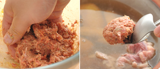 Ａを練り合わせてハーブ肉団子のたねを作る。鍋を火にかけ、手羽先、鴨肉を入れる。煮汁が煮立ってきたらハーブ肉団子のたねをスプーンですくって入れる。肉が固まったら、その他のたねも入れる。具に火が通ればでき上がり。