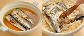 米は洗ってざるに上げ、10～30分おく。土鍋に米とＡを入れてかき混ぜる。上に塩焼きにしたさんまと梅干しをのせ（梅干しはさんまの臭み消しのため）、ふたをして強火にかける。沸騰して、泡があふれてきたら弱火にし、10分加熱する。火を止め、そのまま5分蒸らす。ふたを外して梅干しを取り除き、さんまをこまかくほぐしながらご飯を混ぜる。