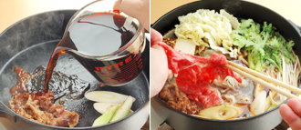 続けて牛肉を入れ、肉のそばにねぎを入れて焼きつける。Ａを注ぎ入れ、具を並べ入れる。煮立ってきたら具の上から肉を広げながら加える。砂糖を少しずつ加えて味を見て、好みの味加減にする。濃い場合は、水を加えて調整する。食卓で取り分けの器に卵を溶きほぐし、具を取り出してからめて食べる。