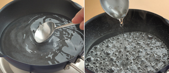 砂糖蜜を作る。鍋に水と砂糖を入れて中火にかける。混ぜながら砂糖を溶かし、ときどき混ぜながら煮詰める。泡が大きくなり、とろりとしてきたら火を止める。