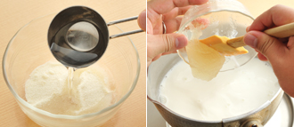 小さな器に粉ゼラチンを入れ、水を加えてふやかす。鍋に牛乳を入れて弱めの中火にかけて温め（煮立たせないように注意）、ふやかしたゼラチンを加えて溶かし、粗熱をとる。