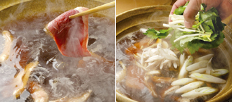 鍋にだし汁とAを入れて中火にかけ、1～2分煮立てる。鴨肉を2～3枚入れて少し煮る。煮汁に鴨の脂が浮いてきたらねぎ、ごぼう、三つ葉、せりなどを加えていく。
