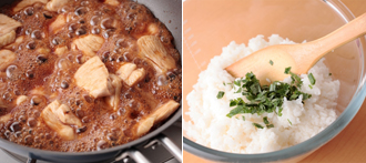 鶏むね肉は一口大のそぎ切りにする。フライパンにサラダ油大さじ1を中火で熱し、鶏肉を入れてさっと両面焼きつける。Aを加え、フライパンをゆすりながら2～3分煮る。汁気が少なくなり、とろりとしてきたら火を止める。青じそはせん切りにする。米3合はふつうに炊き、炊きたてをボウルに入れる。すし酢を加えてしゃもじで切るように混ぜ、少し水分を飛ばす。青じそを入れて混ぜ合わせる。