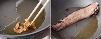 フライパンにオリーブオイルとにんにくを入れて弱火にかけ、にんにくが色づくまで炒めて、にんにくだけ取り出して油をきる。フライパンにかつおを入れ、全体をこんがりと焼きつけ（中まで火を通す必要はない）、取り出して粗熱をとる。