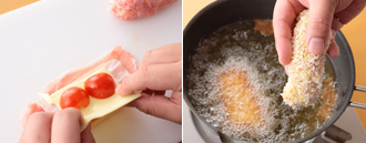 C＝トマトチーズ巻きを作る。豚肉2枚を少しずらしながら重ね、中央にチーズをのせる。ベーコン1枚、トマト2個を重ねてのせ、チーズをかぶせる。その上からもう1枚ベーコンをのせ、豚肉の両端を折りたたむ（揚げたときにチーズが出てこないように）。さらにはみ出した肉で巻き、上にも豚肉をのせて全体を包み込む。それぞれに、小麦粉、溶き卵、パン粉の順にころもをつけ、形をととのえる。揚げ油を中温に熱して入れ、全体がきつね色になるまで揚げて取り出し、油をきる。皿に盛り、クレソン、レモンを添える。
