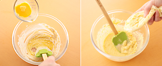 バター全体が白っぽくなめらかになるまですり混ぜたら、卵を加えて混ぜる。つぶしたバナナ、ヨーグルトを加えてさらに混ぜる。