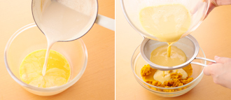 ボウルに卵を溶きほぐし、万能こし器などでこす。小鍋に牛乳、生クリーム、きび砂糖を入れて中火にかけ、沸騰直前で火を止め、混ぜてきび砂糖を溶かす。粗熱がとれたら、卵液のボウルに加えて混ぜる。かぼちゃを、万能こし器などでこして別のボウルに入れる。そこへ、卵液をこしながら加え、泡を立てないように静かに混ぜて生地を仕上げる。