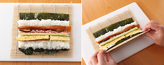 巻きすに焼きのり1枚をしいてご飯をのせ、手前と奥に余白ができるようにご飯を広げる。このとき、手前と奥に土手を作るようにご飯を高くおくと、中心に具を並べやすく、巻きやすくなる。真ん中に、好みでわさび少々をのせ、かんぴょうとしいたけの煮もの、きゅうり、でんぶ、卵焼きをのせ、手前から持ち上げて向こう側に巻く。巻きすを押しつけながら形をととのえ、食べやすく切る。