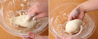 ピザ生地を作る。ボウルに薄力粉と塩を混ぜ合わせ、牛乳を加えて混ぜる。粘りが出てきたら、ボウルの中でかるくたたきつけるようにして、3～4分こねる。まとまってきたらオリーブ油を加え、さらにこねる。表面がなめらかになったらラップをかけ、30分休ませる。