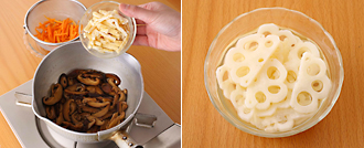 煮ものを作る。干ししいたけは水で戻して薄切りにする。にんじんは長さ4センチの細切りにする。油揚げは熱湯をかけて油抜きし、幅ミリに切る。鍋にだし汁、みりん、砂糖小さじ1/2、しょうゆ小さじ1/2を入れて中火にかけ、煮立ったらにんじんを入れて2分ほど煮る。にんじんを取り出し、砂糖大さじ１、しょうゆ小さじ１、干ししいたけ、油揚げを鍋に入れ、弱火で煮汁がなくなるまで煮る。卵を溶きほぐして塩を加え、サラダ油を熱したフライパンでごく薄く焼く。粗熱がとれたら細切りにする。れんこんは皮をむいて厚さ5ミリの半月切りにし、（花形にするときれい）、甘酢（酢大さじ3、砂糖小さじ4、レモン汁小さじ2、塩少々）、に15分ほど漬ける。きぬさやは熱湯でゆでて水気を取る。