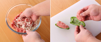 玉ねぎはみじん切りにする。ボウルにひき肉、小麦粉、塩、こしょうを加えて練る。ピーマンは縦半分に切って種を取り、内側に小麦粉少々（分量外）をふって、ひき肉だねを詰める。
