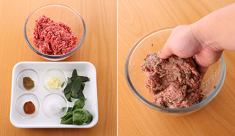 ボウルにひき肉とAを入れ、粘りが出るまでよく練る。8等分にして、棒状に形をととのえる。