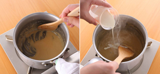 ブラウンソースを作る。鍋にバターを溶かして小麦粉を加え、弱火で焦がさないように炒める。湯で溶いた顆粒スープを加えながら混ぜる。薄いキャラメル色になったら、中濃ソース、ケチャップ、塩、こしょうを加え、最後に生クリームを入れる。2を鍋に加えて5分ほど煮込む。皿に盛り、好みの葉野菜を添える。