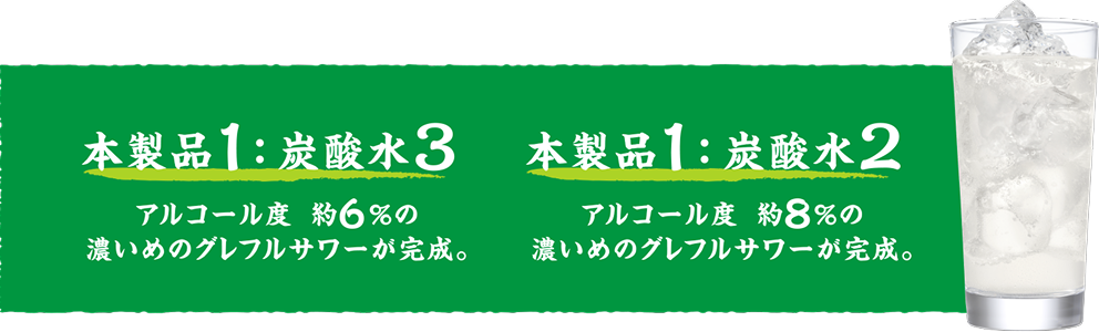 本製品1:炭酸水3 アルコール度 約6%の濃いめのグレフルサワーが完成。 本製品1:炭酸水2 アルコール度 約8%の濃いめのグレフルサワーが完成。