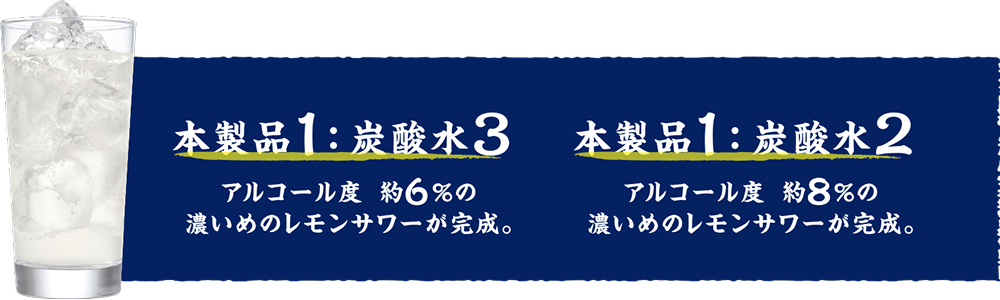 本製品1:炭酸水3 アルコール度 約6%の濃いめのレモンサワーが完成。 本製品1:炭酸水2 アルコール度 約8%の濃いめのレモンサワーが完成。
