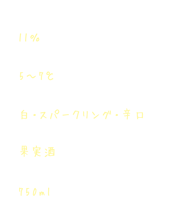 アルコール度数 11％ 飲みごろ温度 5～7℃ 味わい 白・スパークリング・辛口 酒類 果実酒 容器容量 750ml 参考小売価格 1,300円（税抜き）